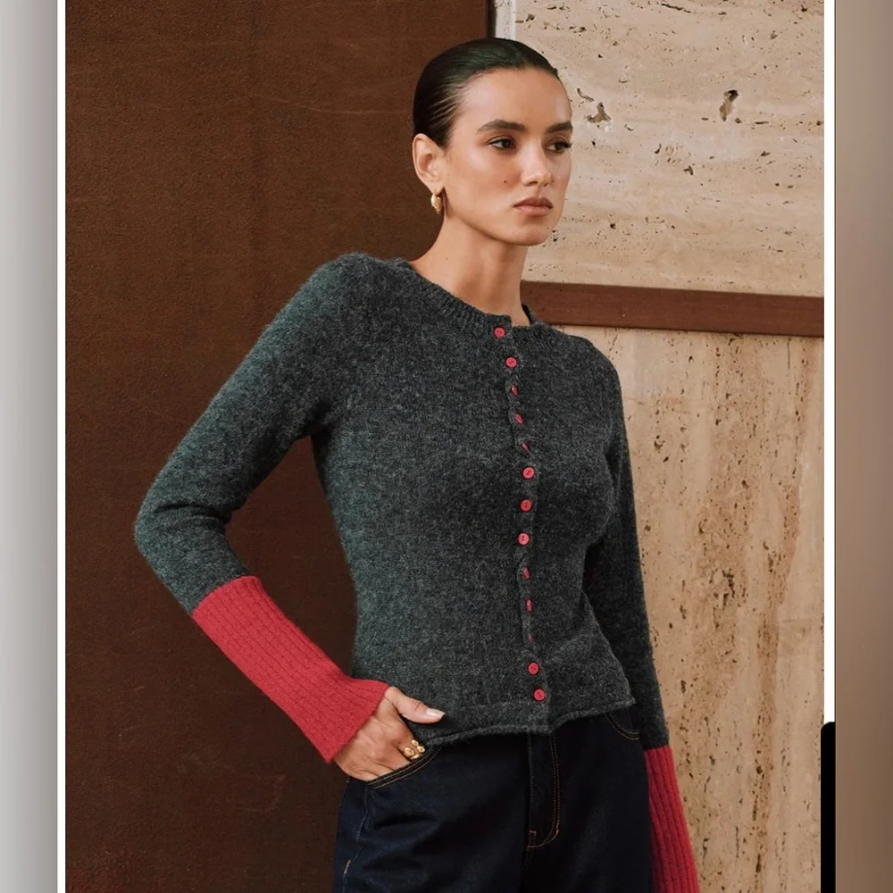 Contrast Cuff Wool-Blend Cardigan - Picture 2 of 7